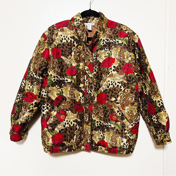 Vintage Jackets & Blazers - Vintage Silk Leopard Rose Print Quilted Bomber Jacket M
